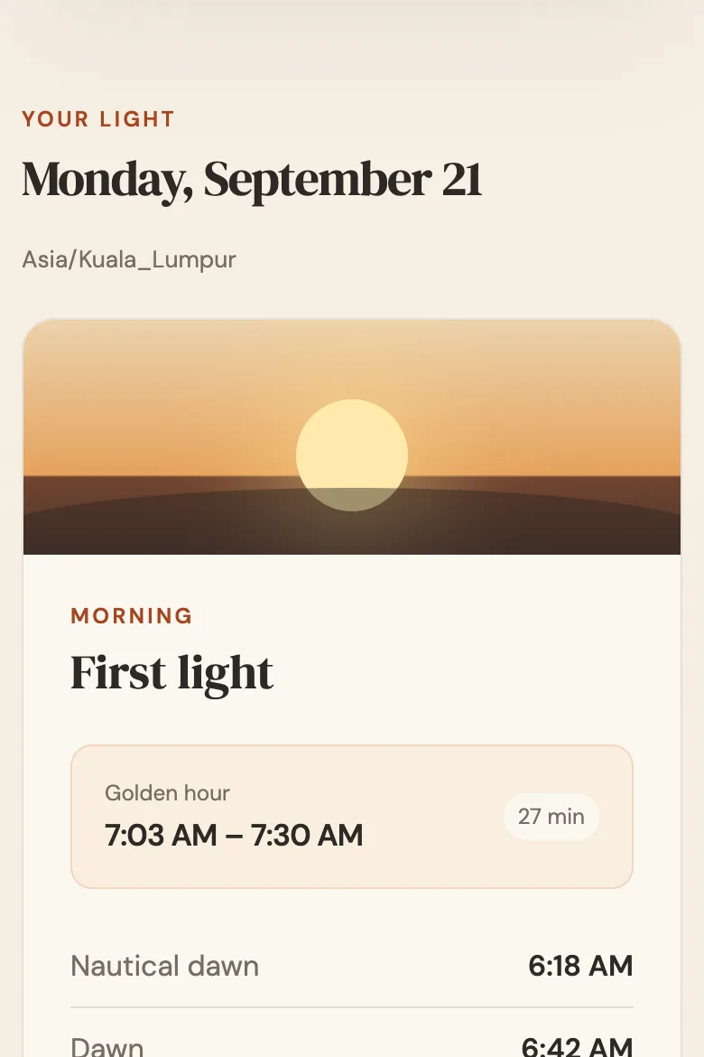 Golden Hour showing morning and evening light times for Kuala Lumpur