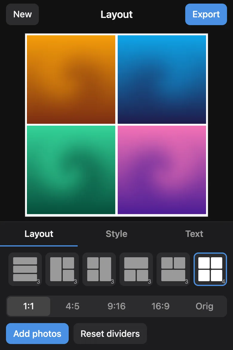 Photo Layout with four photos arranged in a 2 by 2 grid, alongside the layout picker