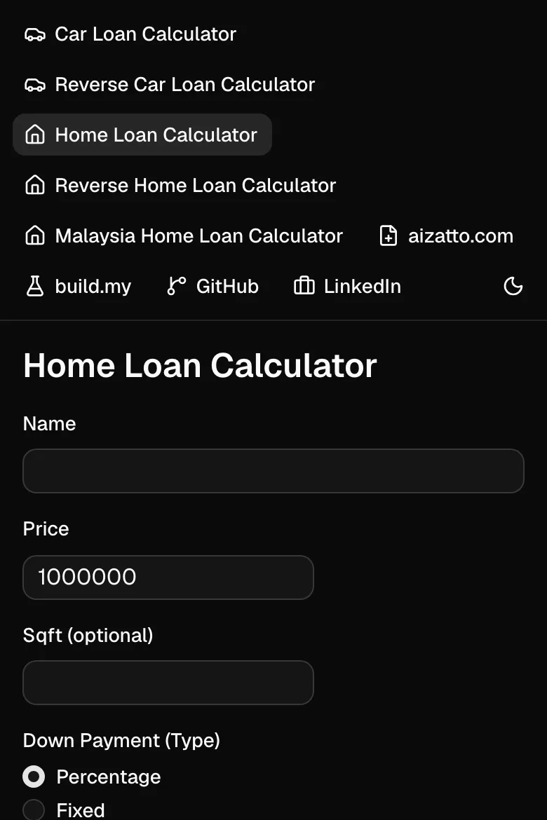 The Home Loan Calculator with a worked example filled in