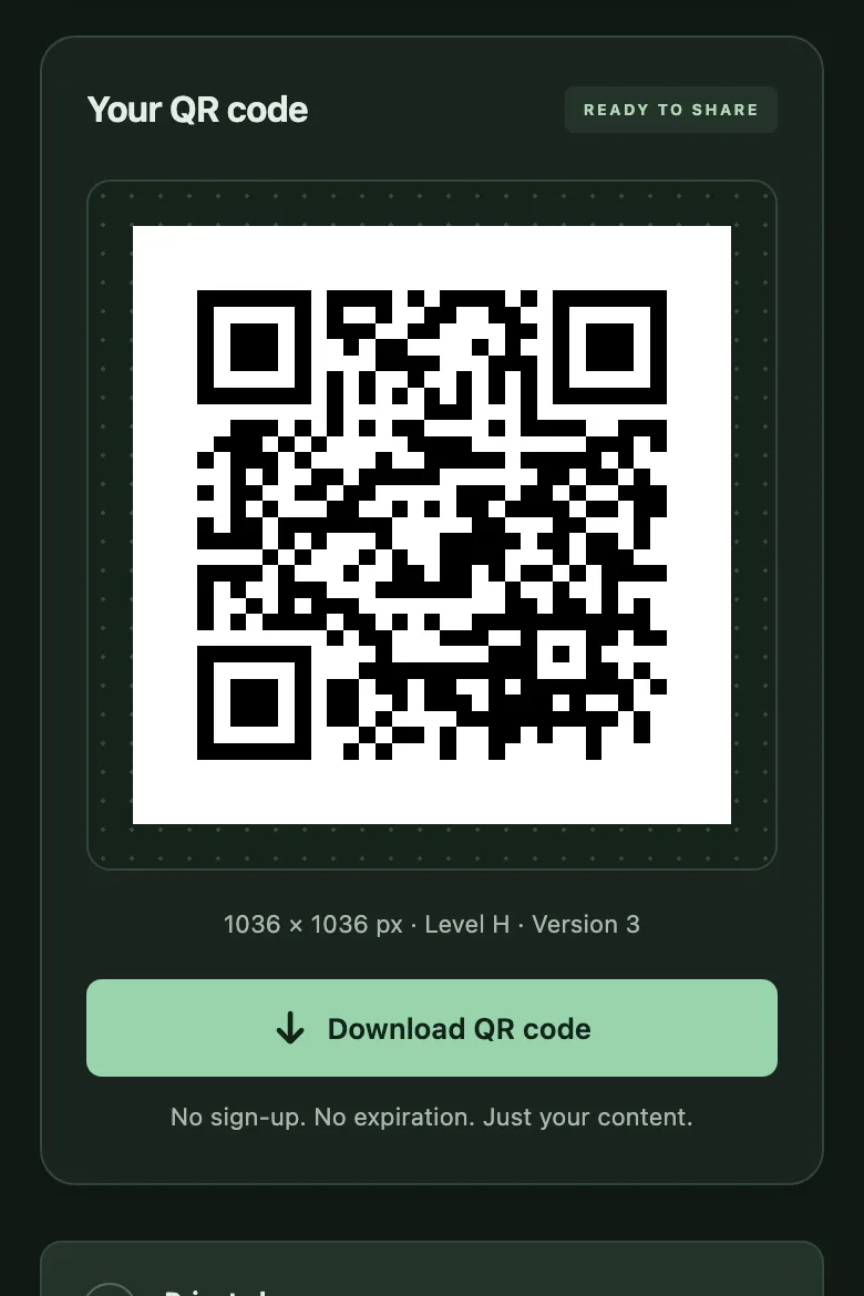 QR Studio showing a generated QR code ready to download