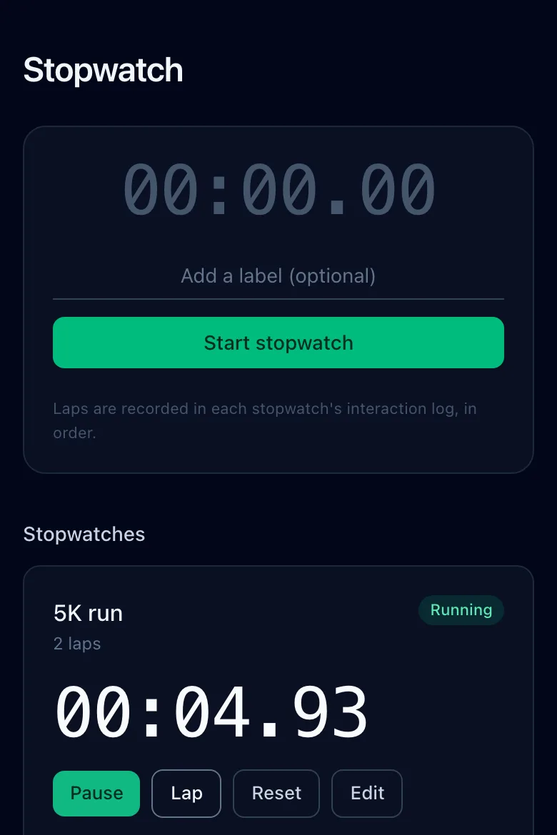 A labelled stopwatch running, with its laps listed in the interaction log