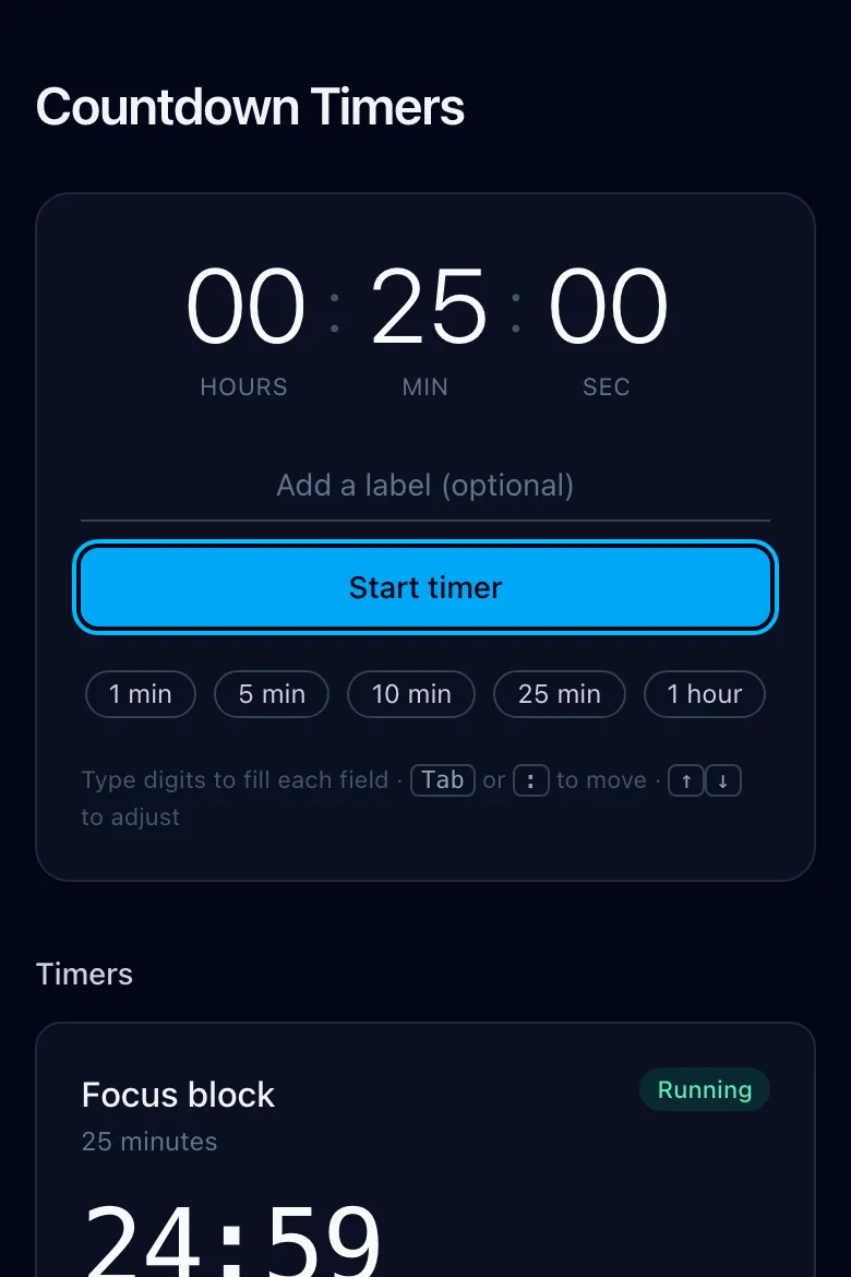 A labelled countdown timer counting down, with its interaction log