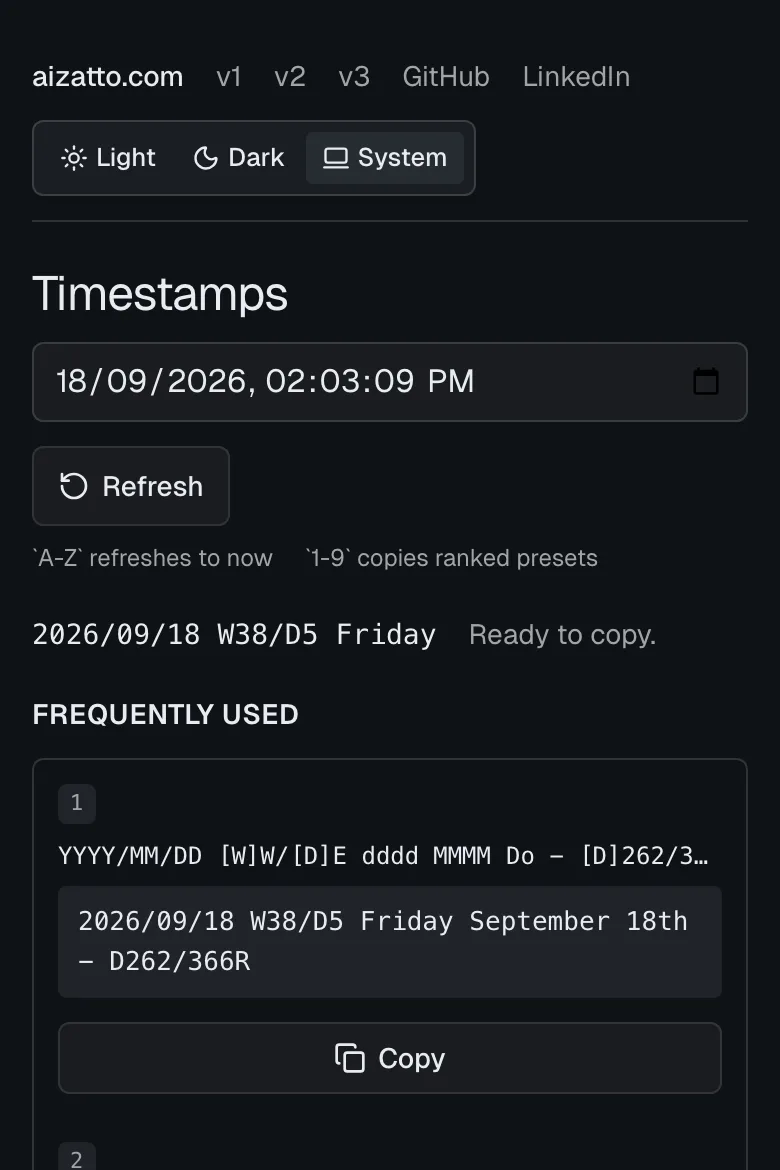A list of timestamp formats each with a copy button